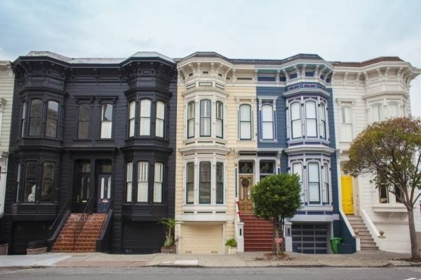 Multi-colored townhomes building