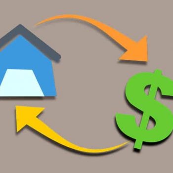 A mortgage illustration depicts a house converting to a dollar sign and back again.