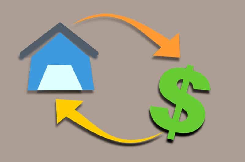 A mortgage illustration depicts a house converting to a dollar sign and back again.