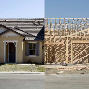 A pre-built home next to a custom home under construction