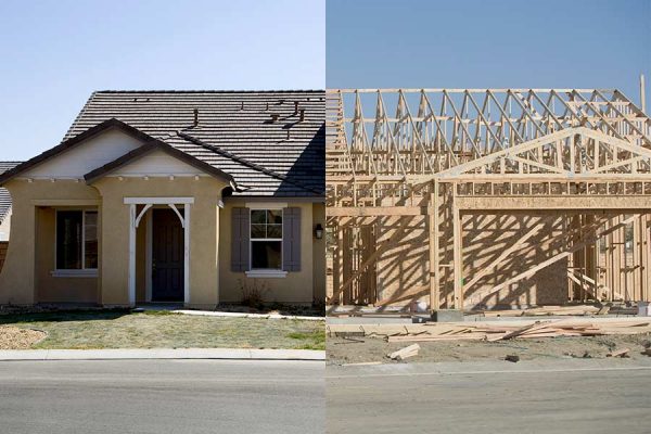 A pre-built home next to a custom home under construction