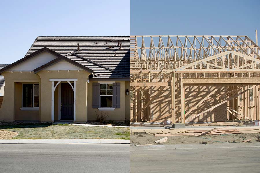 A pre-built home next to a custom home under construction